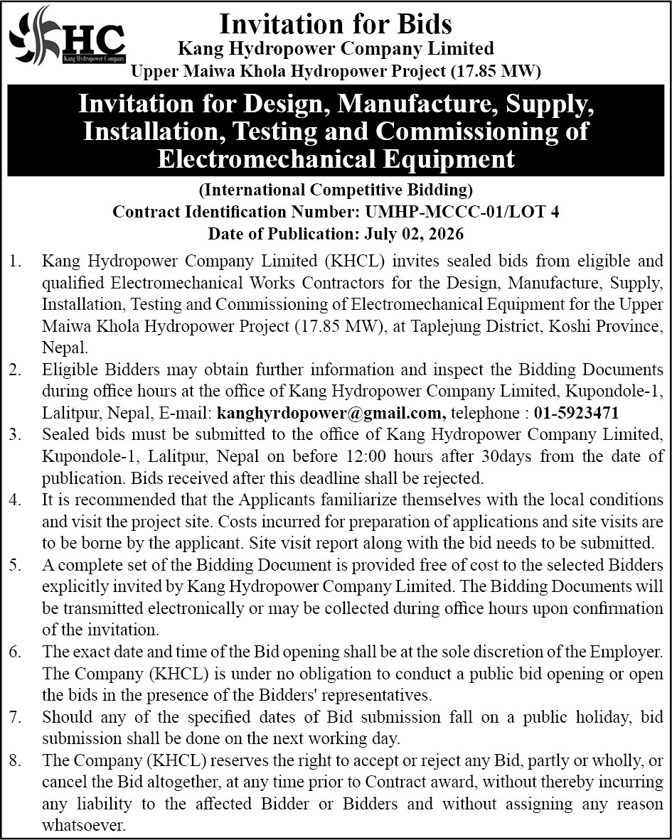 Invitation for Bids: Design, Manufacture, Supply, Installation, Testing and Commissioning of Electromechanical Equipment